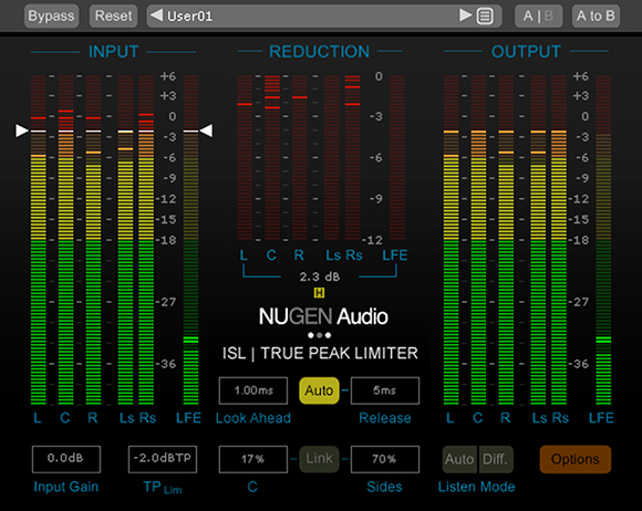 Digital audio plugin interface showing input, reduction, and output level meters with various control parameters.