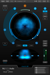 Digital audio processing interface with circular spatial visualizer and various control knobs and sliders.