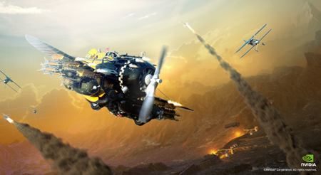 Steampunk aircraft and small planes fly over mountains amidst dark smoke trails.