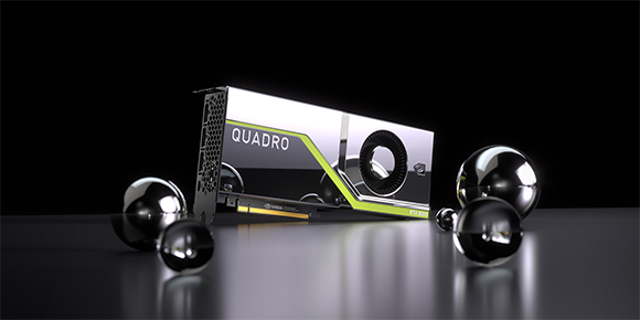 A silver and black NVIDIA Quadro graphics card positioned among several shiny, reflective metallic spheres.