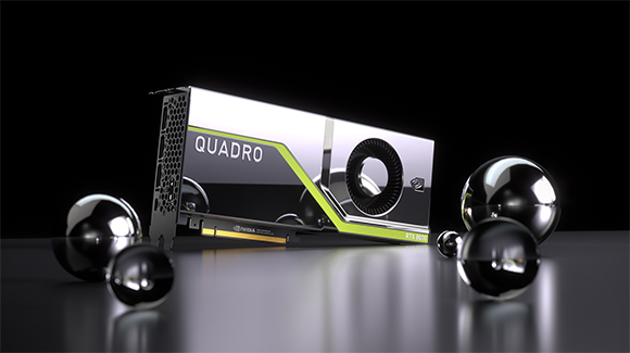 A silver and black NVIDIA Quadro RTX graphics card positioned among several shiny, reflective metal spheres.
