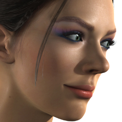 Close-up profile of a woman with dark hair, green eyes, and purple eyeshadow smiling slightly.