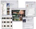 A collage of overlapping digital software windows showing image galleries, forms, and media players.