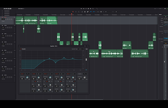 A digital audio workstation interface displaying multiple green waveform tracks and an equalizer plugin window.