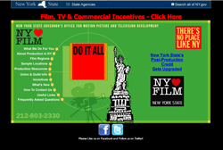 Green banner for NY Film with Statue of Liberty, 'Do It All' text, and incentive information.