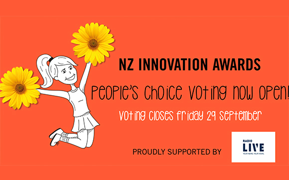 Orange graphic with a cartoon girl holding yellow flowers and text announcing NZ Innovation Awards voting.