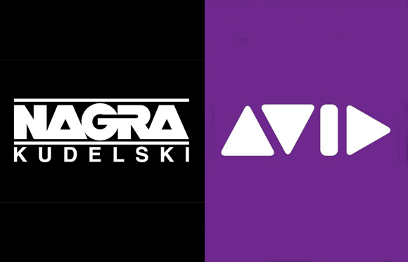 Nagra Kudelski logo in white on black background next to Avid logo in white on purple background.