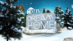 A large ice sculpture sign reading HGTV Dream Home 2007 surrounded by snow-covered pine trees.