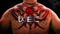 A person's back with a red tribal tattoo and a red and white VS WEC logo centered on the upper back.