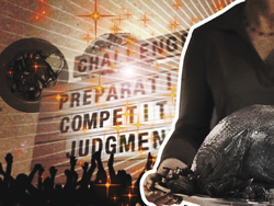 A person holds a roasted turkey in front of a background with words like Challenge, Preparation, and Competition.
