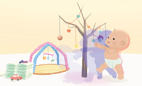 Illustration of a baby in a diaper reaching toward a tree decorated with hanging shapes.