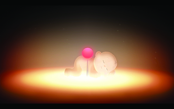 A small, glowing white creature sleeps beside a pink orb on a bright, warm surface against a dark background.