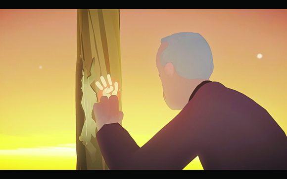 An elderly man in a dark purple shirt reaches out to touch a tree trunk against a bright yellow sky.