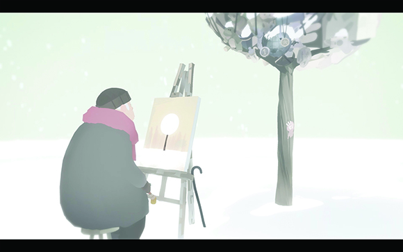 An artist in a winter coat sits at an easel, painting a stylized tree in a snowy, pale green landscape.
