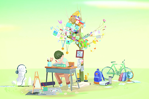 A child sits at a desk studying under a tree adorned with colorful notes, toys, and decorations.