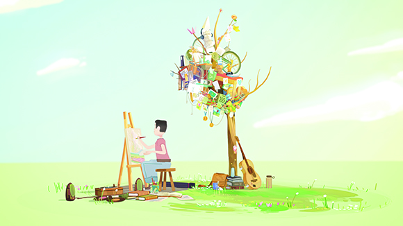 An artist sits at an easel painting next to a whimsical tree composed of bicycles, books, and musical instruments.