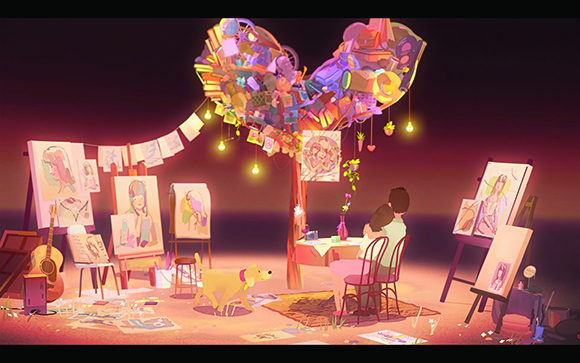 An artist sits at a table under a heart-shaped tree overflowing with items, surrounded by many portrait paintings.