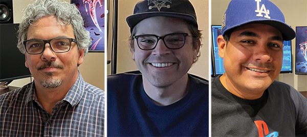 Three separate portraits of smiling men in a studio environment.