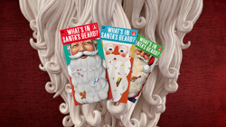 Three colorful books titled 'What's in Santa's Beard?' layered over a large, stylized white beard.