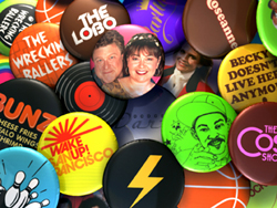 A collection of colorful round buttons featuring text, faces, and illustrations.