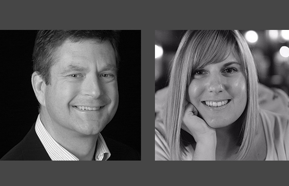Two black and white headshots: a smiling man on the left and a smiling woman resting her chin on her hand on the right.