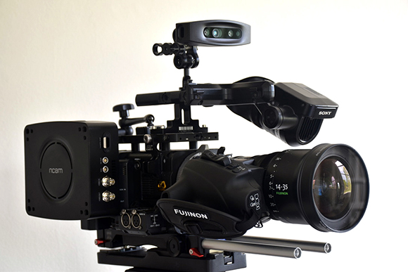 A professional cinema camera rig equipped with a Fujinon lens, an ncam module, and a top-mounted sensor.