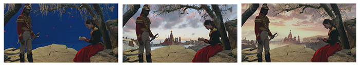 Three side-by-side frames showing a film scene progressing from a blue screen to a fully rendered landscape.