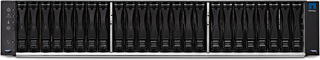 A black rackmount server with 24 hot-swappable drive bays arranged in three columns of eight.