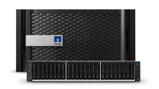 A black NetApp storage chassis with a mesh front panel and a server unit with multiple drive bays.