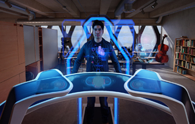 A man stands inside a glowing blue holographic frame in a modern industrial loft studio.