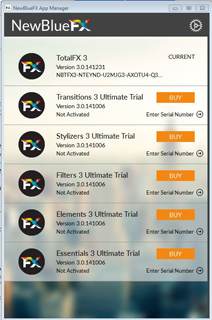 NewBlueFX App Manager window displaying a list of software products and trial versions.