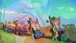 Abstract digital art featuring colorful, distorted shapes in a surreal landscape under a swirling blue sky.