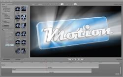 A video editing software interface displaying a blue graphic with the word 'Motion' on a timeline.