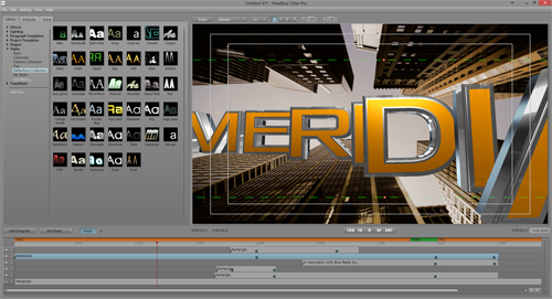 Video editing software interface displaying a 3D gold text title over a high-angle cityscape.