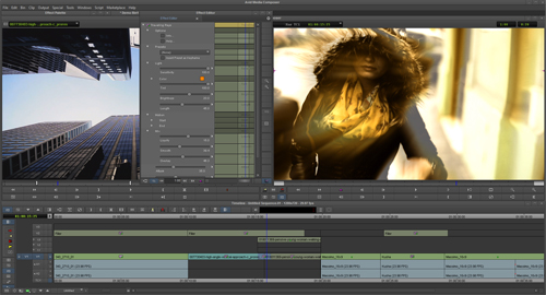 Video editing software interface with a color correction panel and a preview of a person in a golden light.