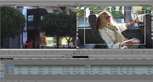 Video editing software interface displaying a street scene and a woman in a car on a timeline.