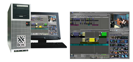 A desktop computer with a monitor showing video editing software next to a large screenshot of a video timeline.