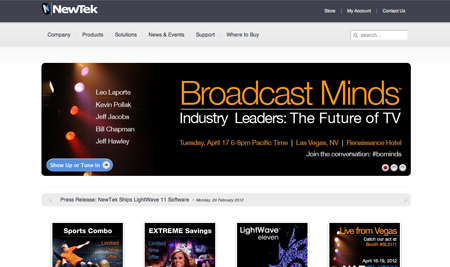 NewTek website showing a black banner for Broadcast Minds: Industry Leaders: The Future of TV.