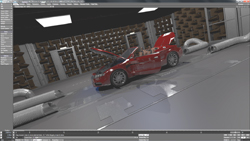 A red 3D car model with an open hood and trunk inside a digital garage interface.