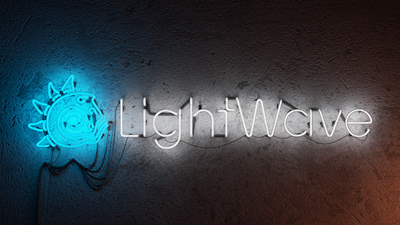 A blue neon sun icon and white neon text reading 'LightWave' mounted on a dark, textured wall.