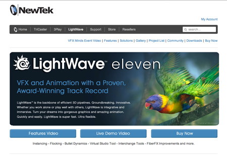 NewTek LightWave eleven website featuring a colorful parrot and promotional text.