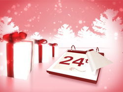 White gift boxes with red ribbons and a calendar page showing the number 24 against a pink snowy background.