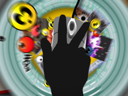 A black hand makes a peace sign over a computer mouse surrounded by swirling, colorful cartoon graphics.