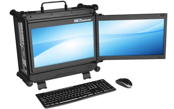 A black ruggedized portable computer case with two side-by-side screens, a keyboard, and a mouse.