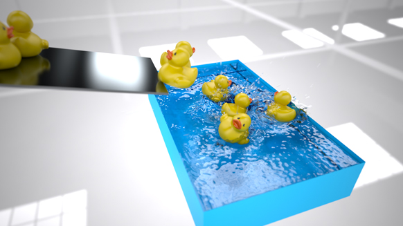 Yellow rubber ducks jumping from a black platform into a blue rectangular pool of water.