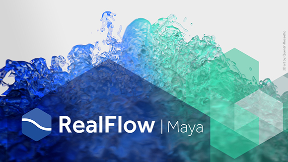 Splashing blue and teal water with the text RealFlow | Maya in white.