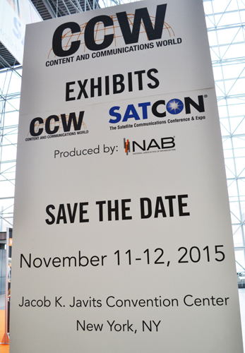 A white sign announcing CCW and SATCON exhibits for November 11-12, 2015, at the Jacob K. Javits Convention Center.