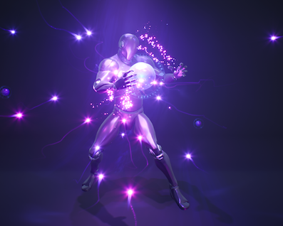A metallic humanoid figure holds a glowing white orb surrounded by purple light and energy streaks.