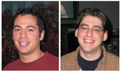Two men smiling, one in a red shirt against foliage and one in a plaid shirt wearing glasses.