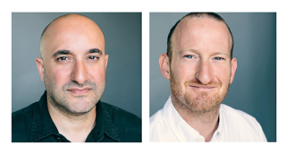 Two headshots of men: one bald with dark stubble in a black shirt, one with light hair and a beard in a white shirt.